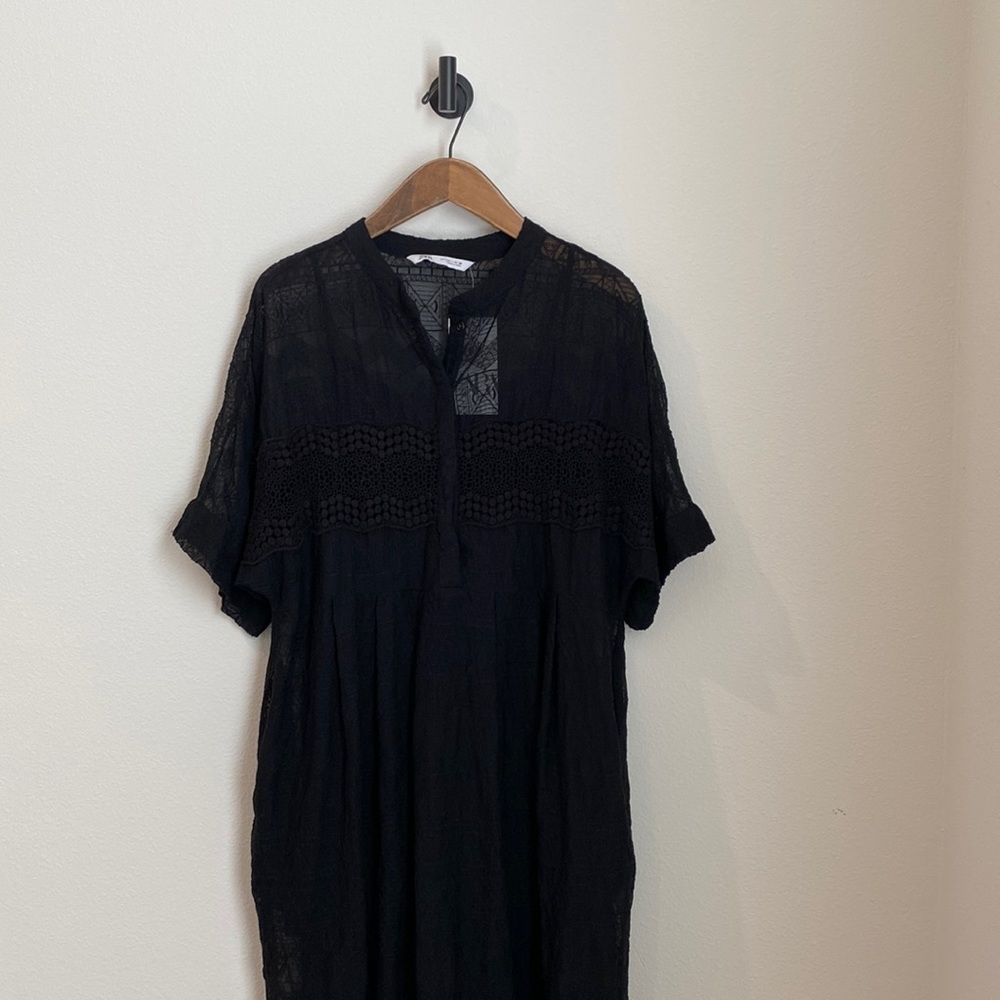 ZARA Black Lace Wide Sleeve Midi Dress Size Large